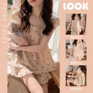 Women's Summer Spaghetti Strap Sleepwear Set Vest Shorts Small Cherry Bubble Cotton Ins Style Two-Piece Homewear