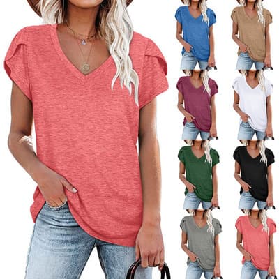 Cross-Border European and American Clothing 2022 Spring Summer New Amazon Solid Color V-Neck Short-Sleeve T-Shirt Loose Casual Export Top