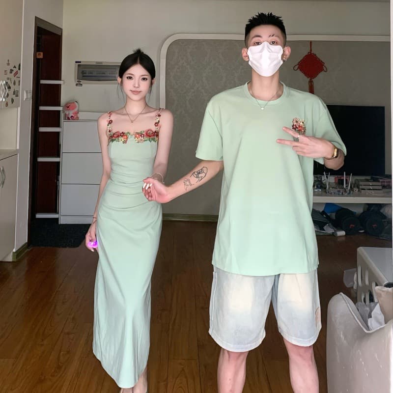 2024 Summer Couple Outfit One Dress One Skirt Floral Strap Long Dress T-Shirt Short Sleeve