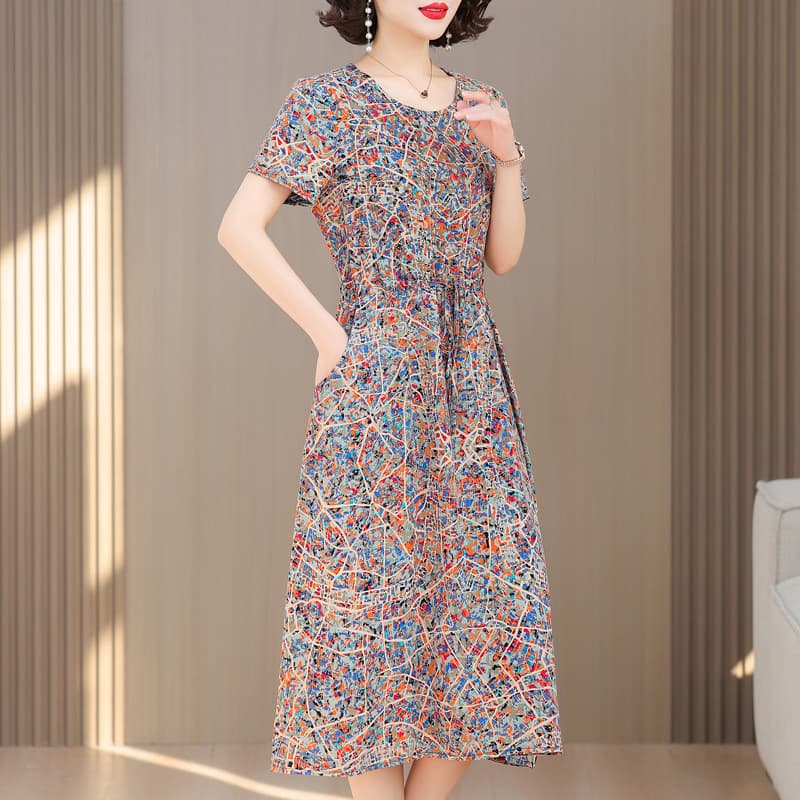 High-end New Cotton Silk Dress for Middle-aged and Elderly Women, Summer Young Style, Floral Long Dress for Mothers, Elegant Outerwear
