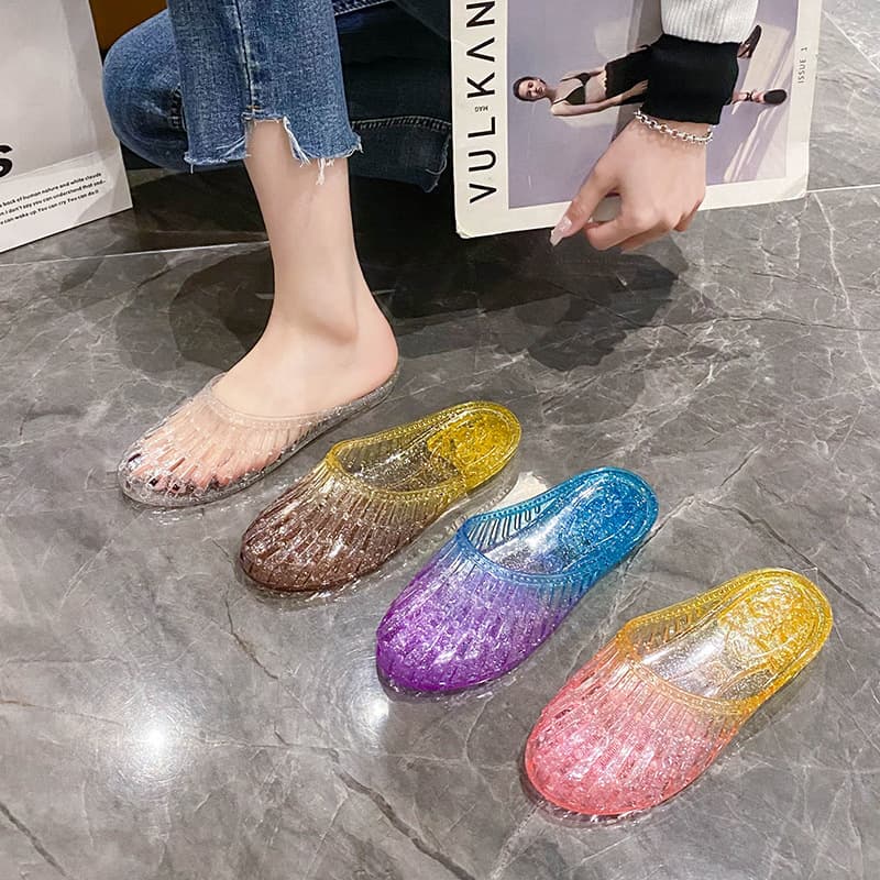 Cross-border crystal transparent versatile toe-toe slippers for women, non-slip, soft, Internet celebrity new bathroom new sandals