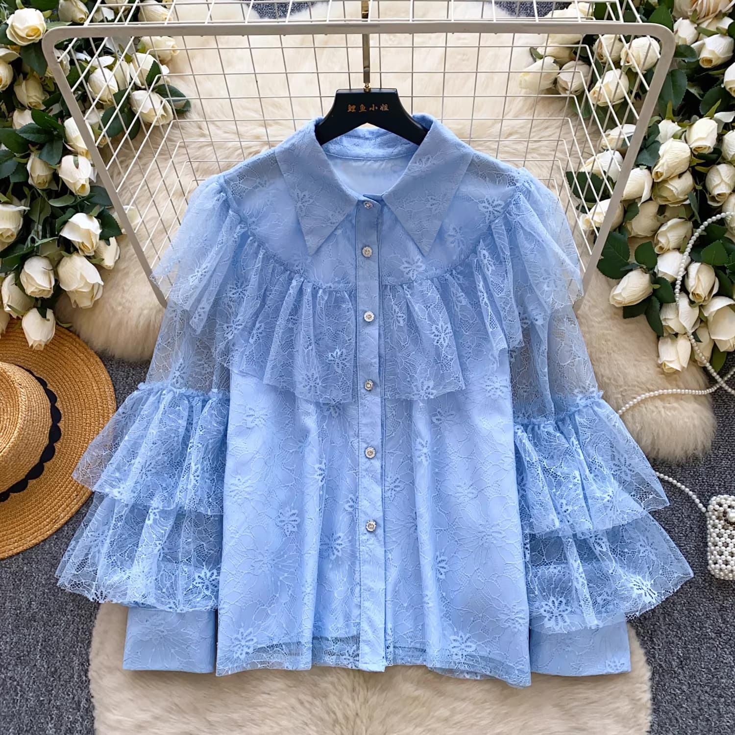 French Romantic Style Ruffle Lace Blouse for Women, Early Spring Niche Temperament Long Sleeve Loose Versatile Commute Top