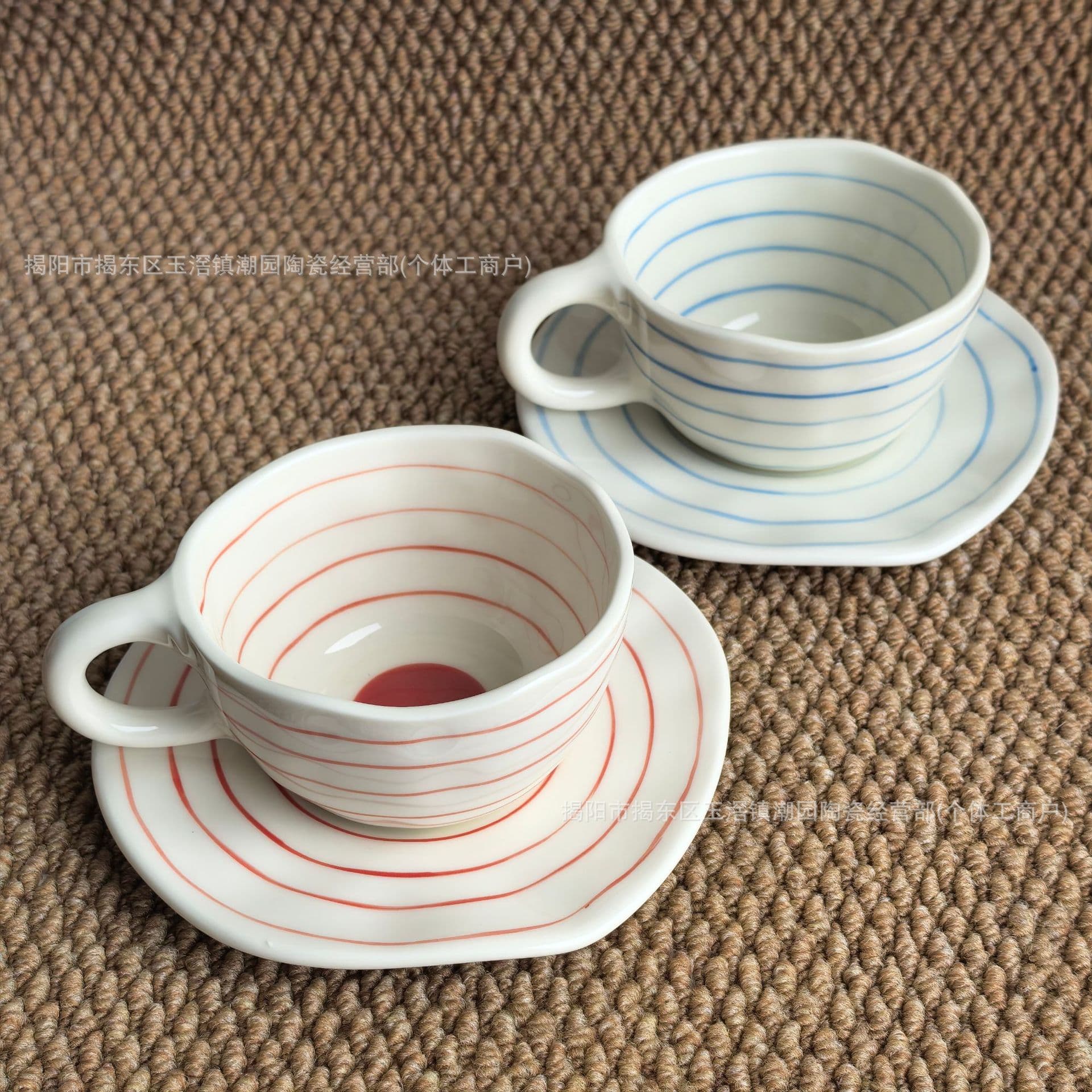 New Ceramic Striped Coffee Cup and Saucer Set, Underglaze Hand-Painted Afternoon Tea Tableware, Mug Breakfast Cup