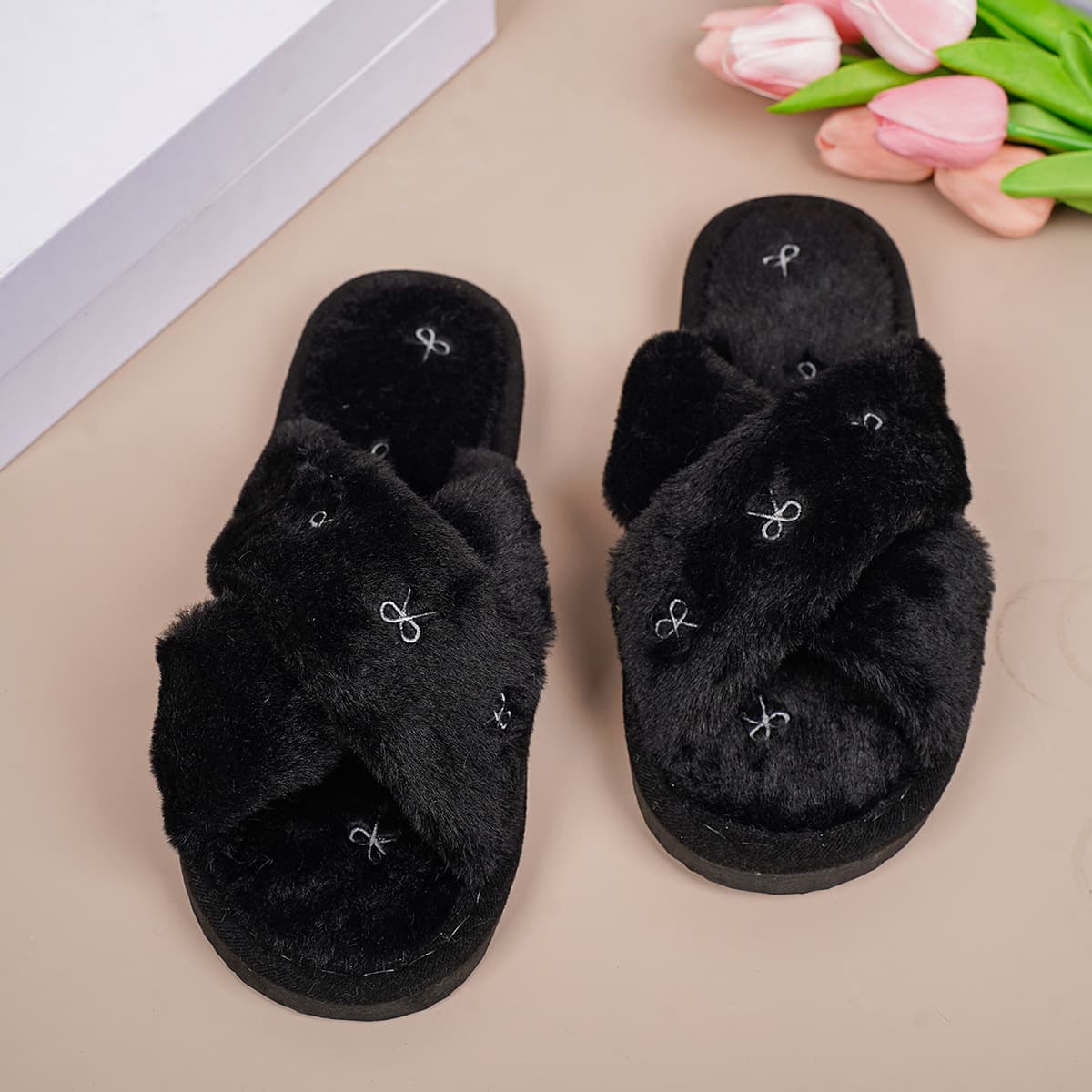 Cross-stitch Small Bow Cross Plush Slippers, Autumn and Winter Indoor Soft Sole Non-slip Versatile Outdoor Wear Warm Cotton Slippers