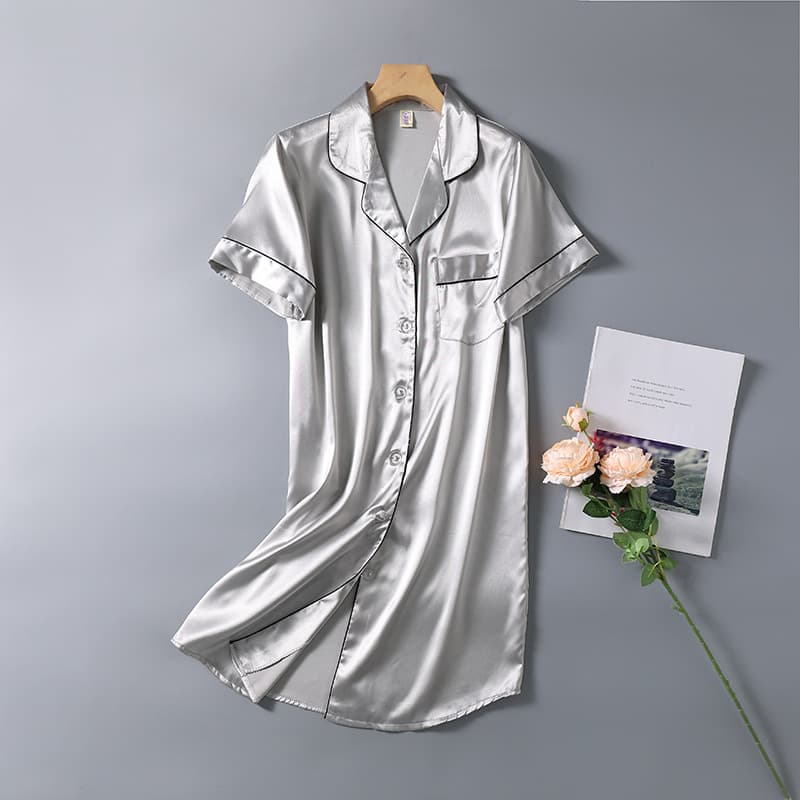 Short Sleeve Shirt Sleep Dress Women Thin Ice Silk Simple Korean Style Cardigan Boyfriend Shirt Dress Ins Style Homewear M