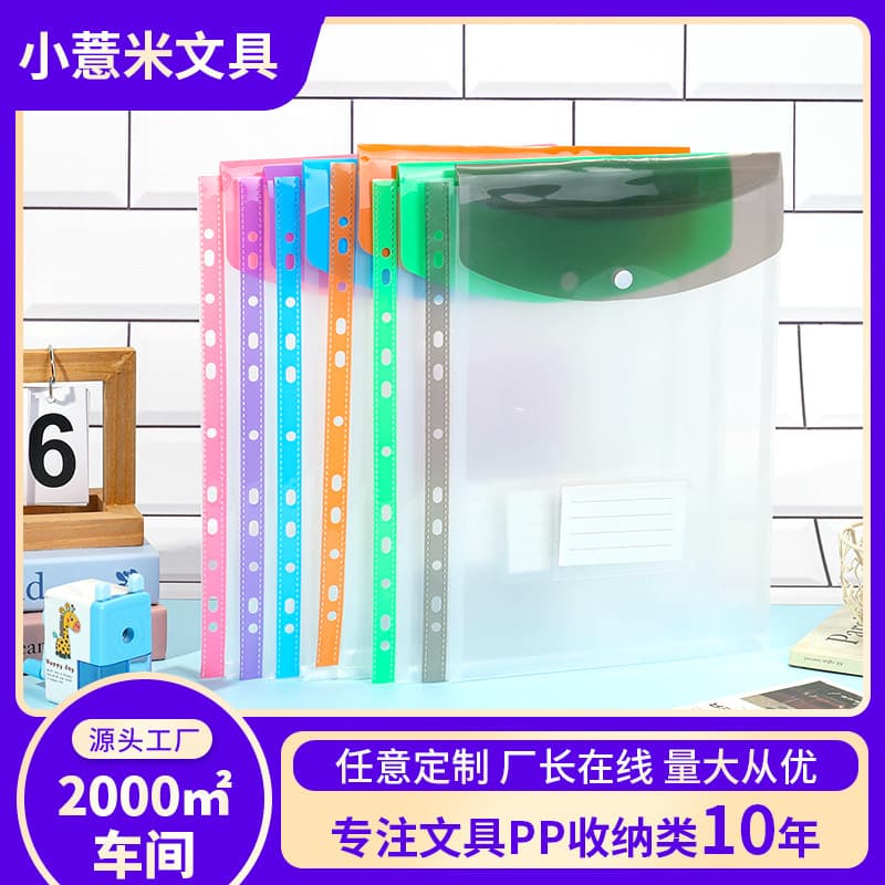 New Transparent Color File Bag for Students, Document Storage Pouch with Business Card Holder, A4 Snap Button File Bag
