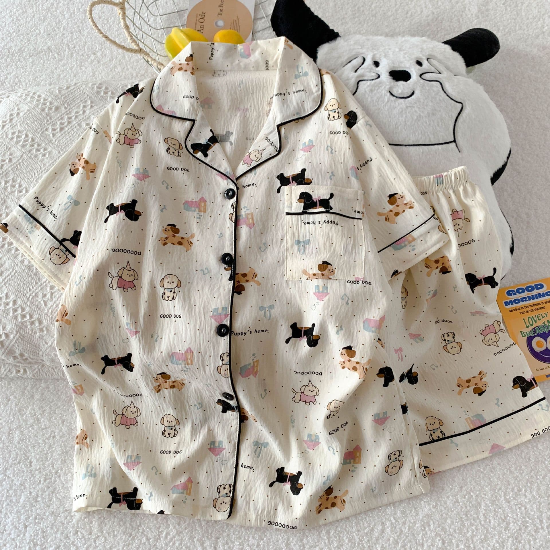 Cartoon Dachshund Dog Summer Sweet Pajamas for Women, Lapel Cardigan, Short Sleeve Shorts Set, Casual Wearable Home Clothes