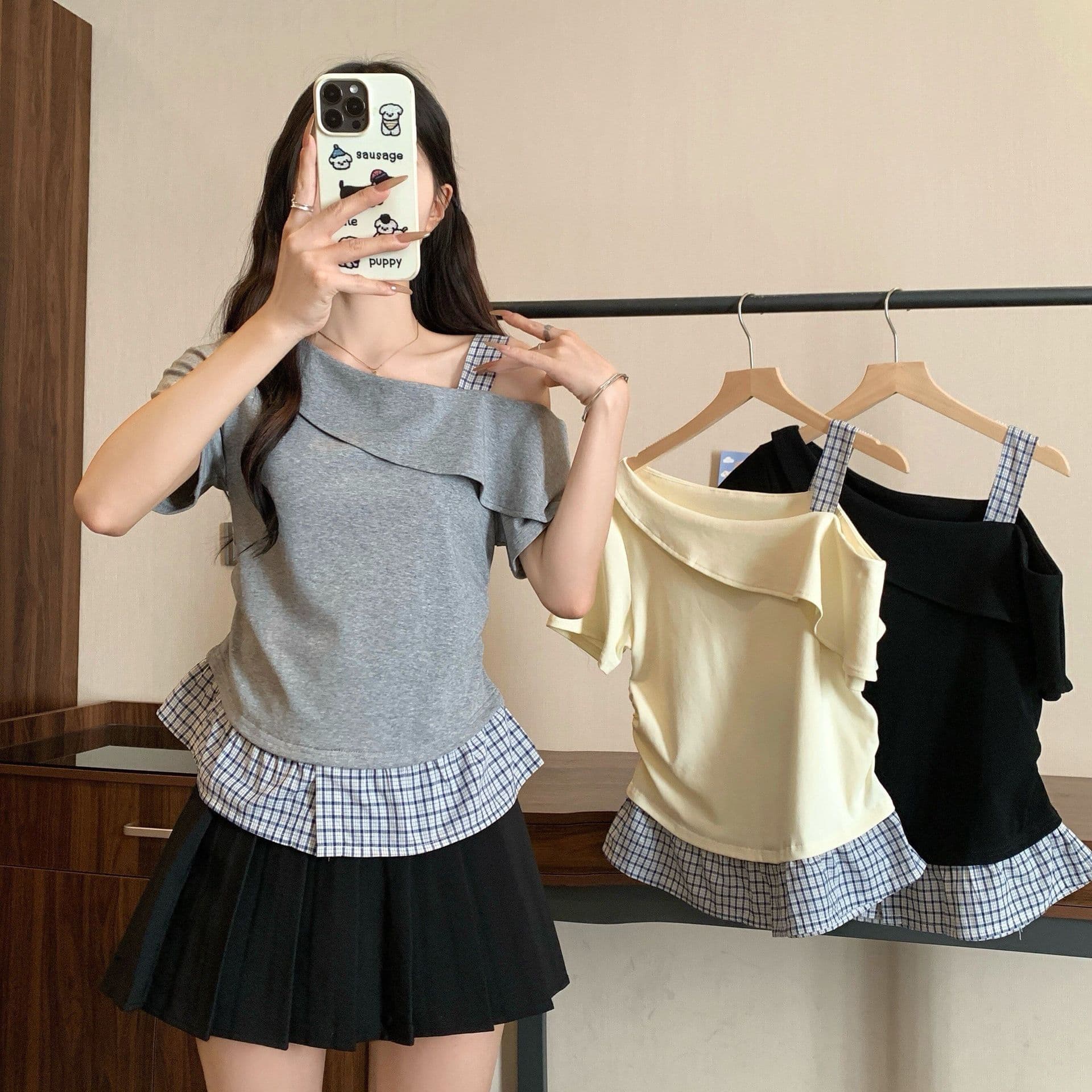 High elastic cotton fat mm plus size women's clothing 2026 summer splicing design fake two-piece short-sleeved T-shirt slimming top