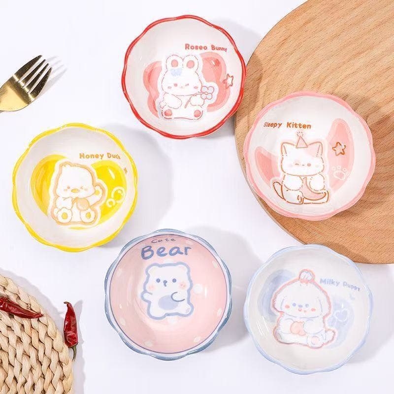 Ceramic Dipping Sauce Dish for Home Use, Cute Cartoon Scalloped Round Side Dish, Soy Sauce Dish, Vinegar Dish, Condiment Dish, Underglaze Color Tableware