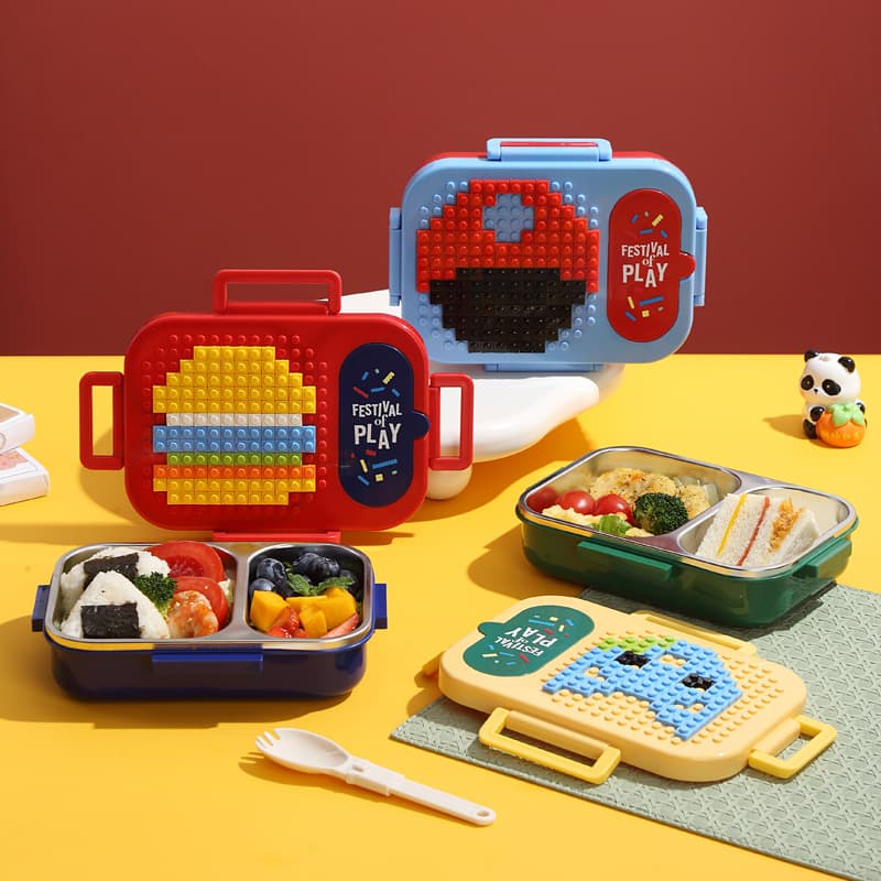 304 Stainless Steel Lunch Box DIY Building Block Bento Box Portable Fruit Container Cutlery Spoon Set for Office Workers and Children