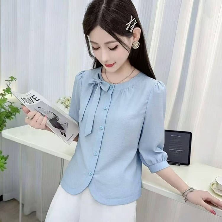 Original authentic 2026 spring and summer round neck bow three-quarter sleeve shirt women's fashionable and versatile solid color top