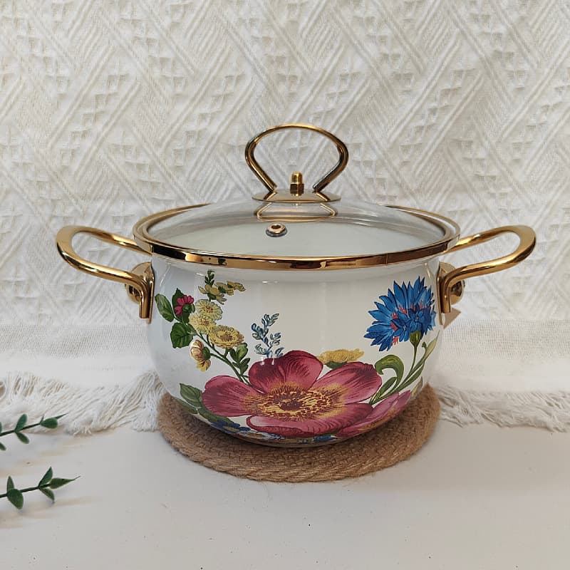 Thickened Enamel Gold Rim Kitchen Stockpot Stew Pot for 2-4 People with See-Through Lid, Steel Handle, Floral Design
