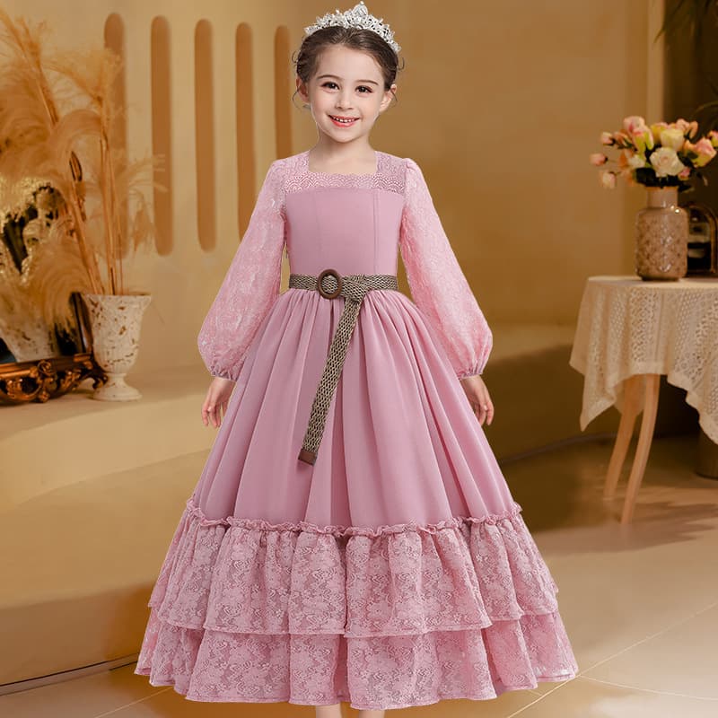 European and American new lace girls' princess dress long flower girl chiffon temperament dress children's performance dress