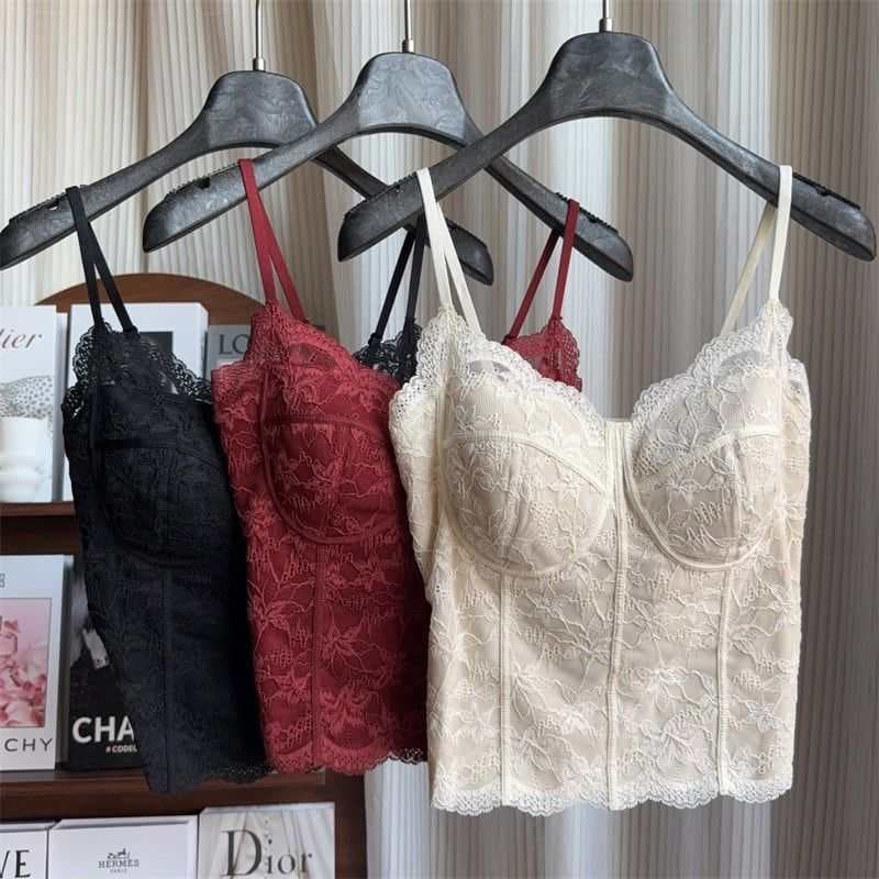 French Bone Line Small Camisole Slimming Pure Desire Sexy Women's Built-in Pads Can Be Worn Out Spicy Girl Lace Tank Top Cross-border
