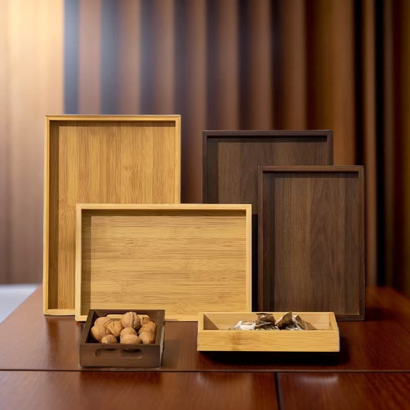 Bamboo Wood Tray with Walnut Grain Handle, Home Tea Tray, Hotel Water Tray, Rectangular Storage Tray, Factory Wholesale