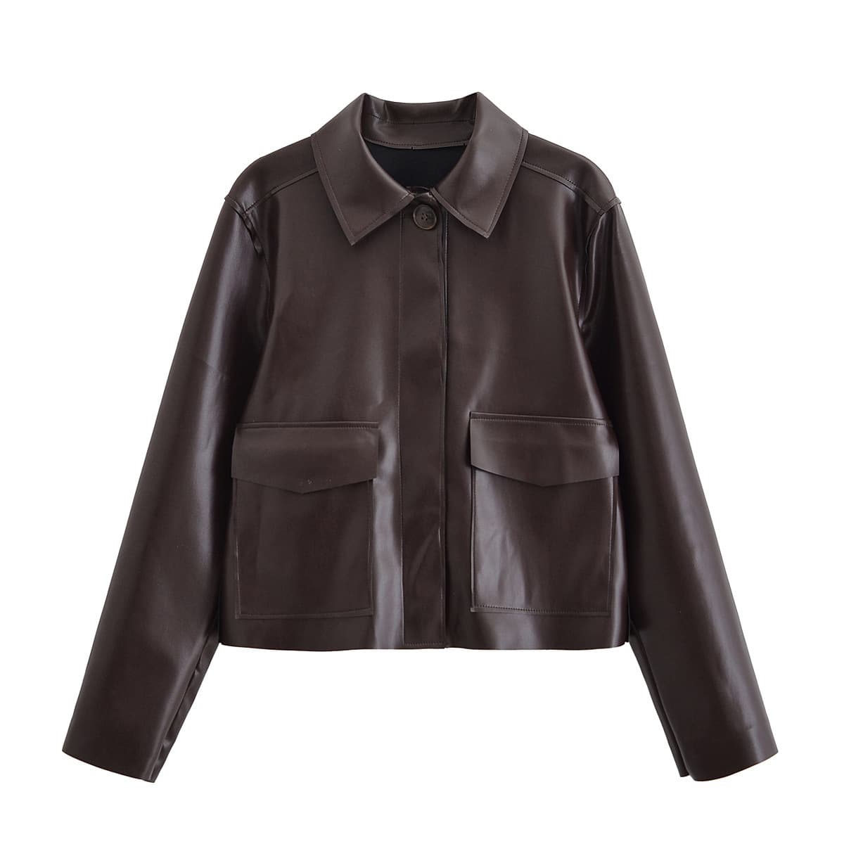 BSK&TRAF Women's 2025 Fall New Arrival Simple Vintage Style Fashion Versatile Short Leather Jacket 6318244