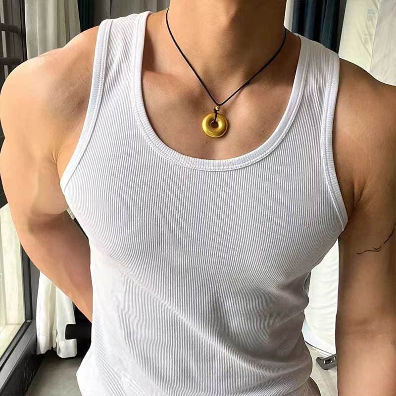 American-style Ribbed Tank Top for Men Summer Workout Fitness, Sleeveless Training, Stretchy Slim Fit, Moisture-Wicking and Breathable