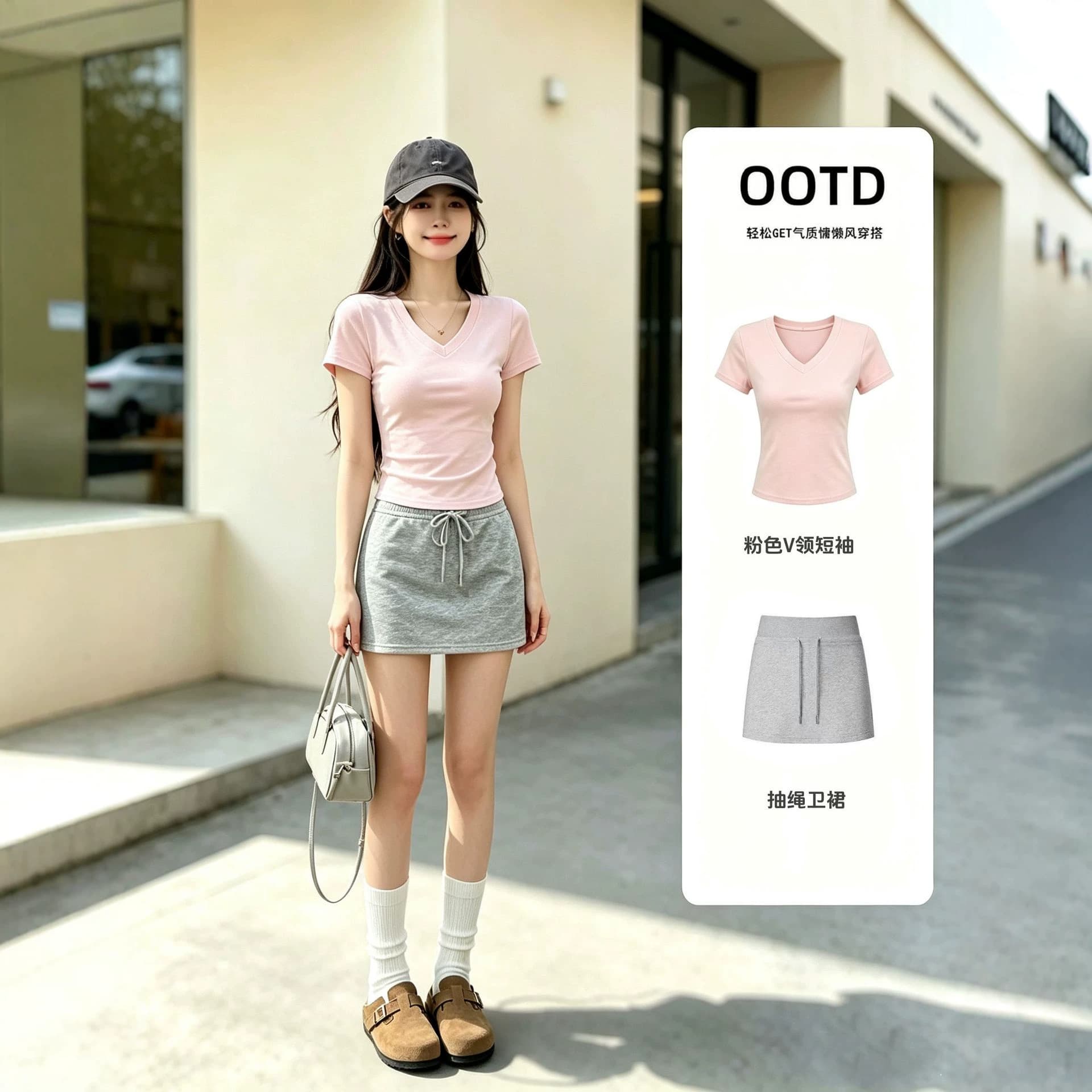Drawstring Skirt Set for Women, Korean Style Full Outfit, Slimming V-Neck Short Sleeve T-Shirt and Mini Skirt, Summer Women's Suit