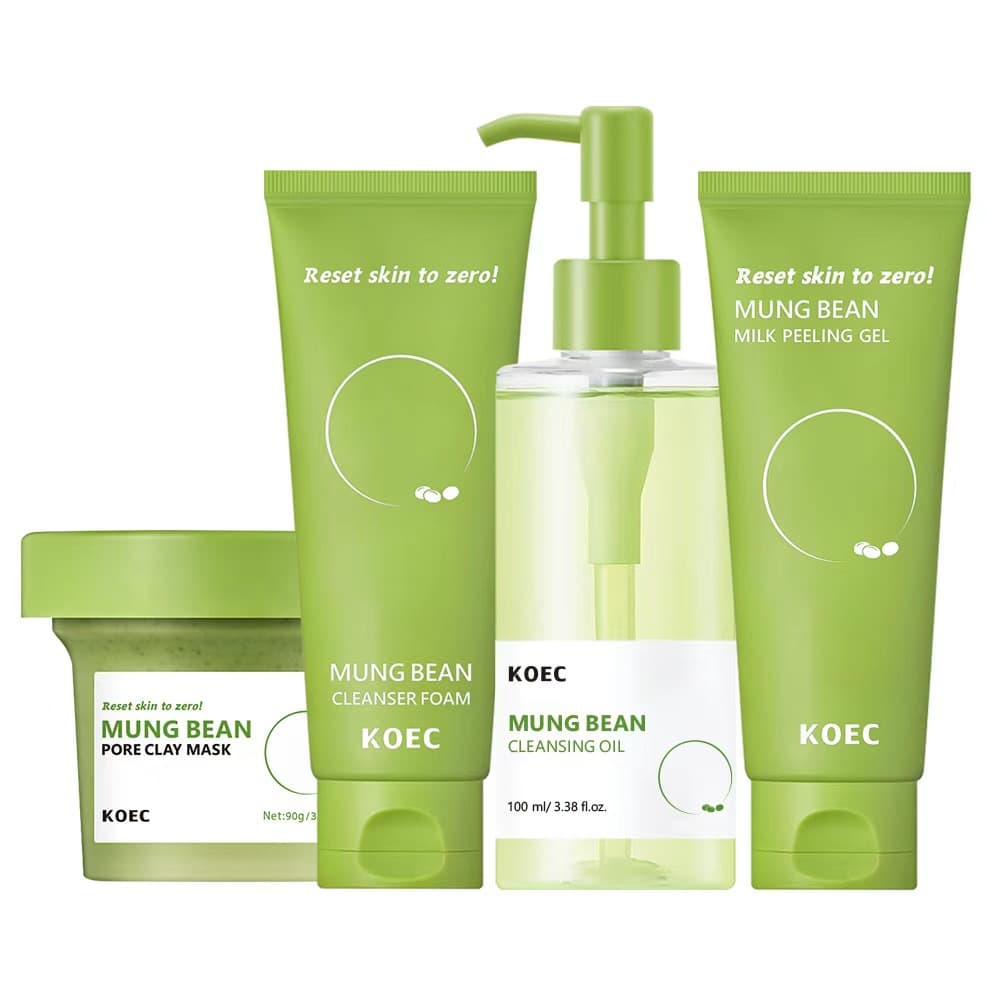 KOEC Cross-Border Mung Bean Skincare 4-Piece Set: Best-Selling Mud Mask + Facial Cleanser + Exfoliating Gel + Makeup Remover Oil