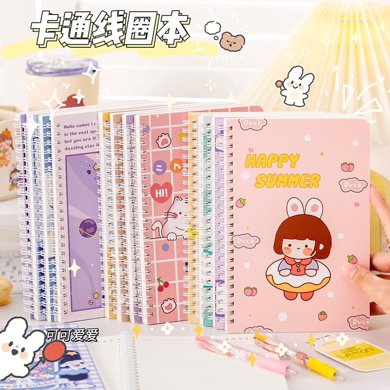 Cute Cartoon A5 Spiral Notebook for Students, Stationery, Thick Lined Notebook with Girly Design