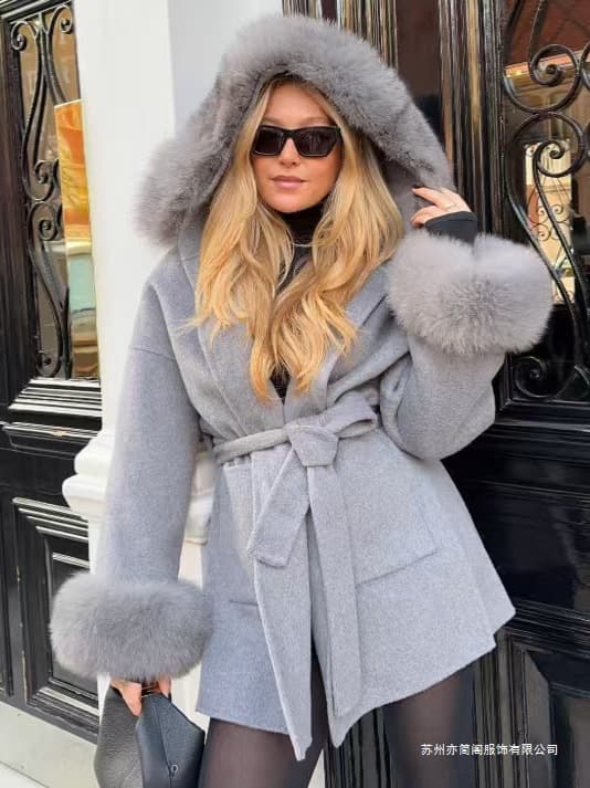 Cross-border Women's Fashion 2025 Fall/Winter European & American Hooded Waist-Tied Cape Style Wool Coat Women C27653