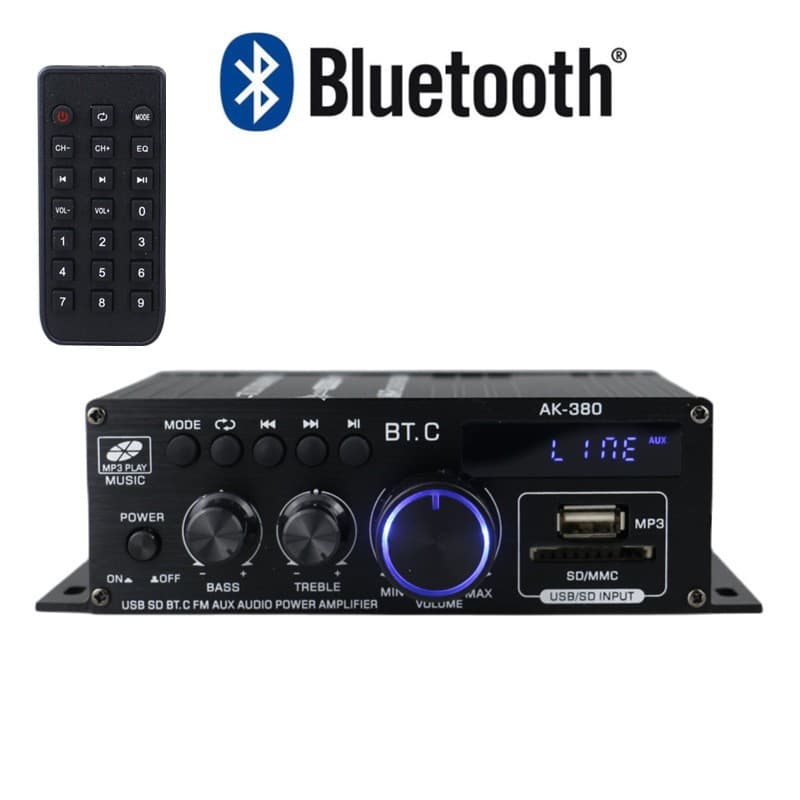AK-380 Bluetooth Small Amplifier with Aluminum Alloy Shell, 12V Power Supply, Bluetooth, USB/Card Reader, FM Radio, Factory Wholesale
