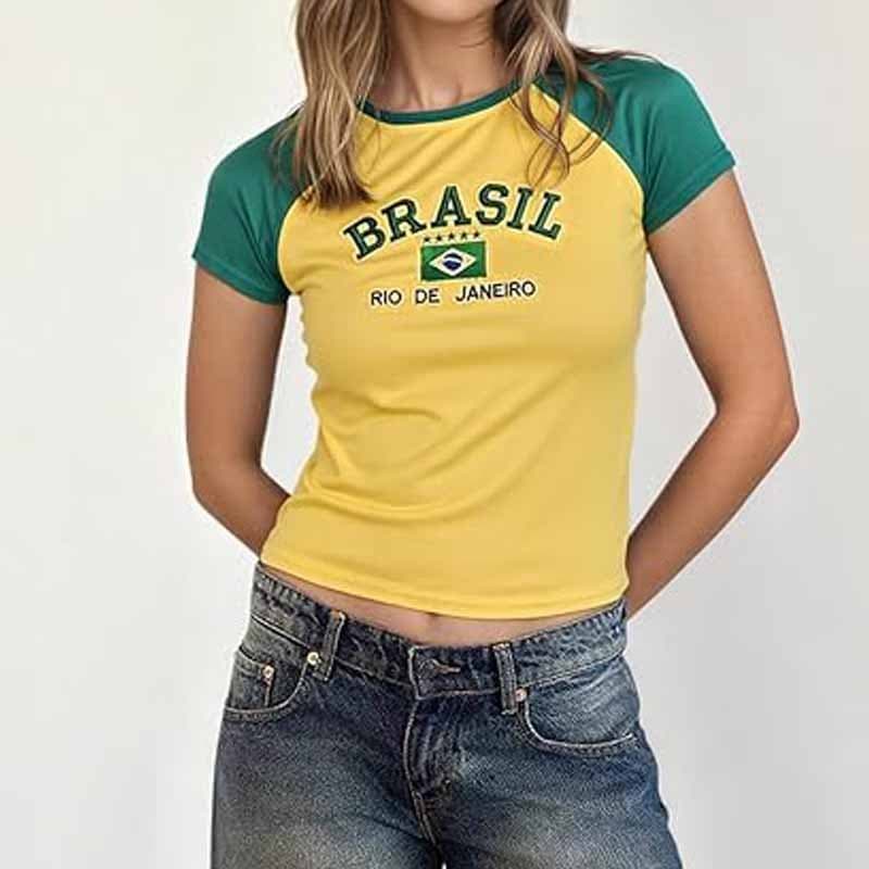 2026 Summer Women's Short Sleeve T-Shirt, Sexy Crop Top, Slim Fit, Brazil Flag Letter Embroidery, World Cup