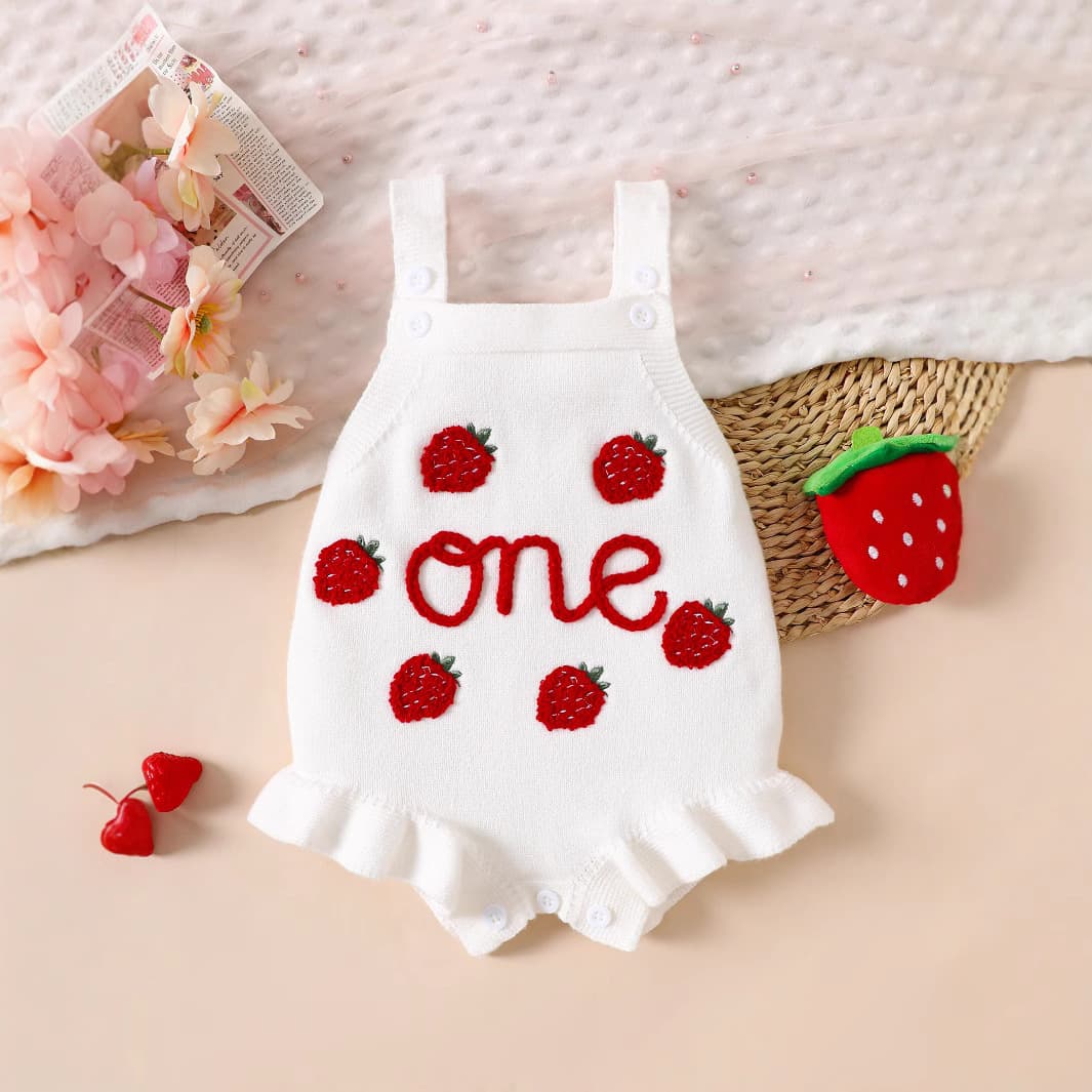 Cross-border sling sweet embroidered sweater strawberry letter embroidery ruffled one-piece baby male and female baby crawling clothes