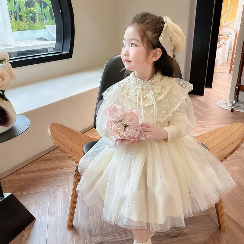 Little girl long-sleeved thin lace dress 26 baby new mesh Chinese style retro pearl princess dress