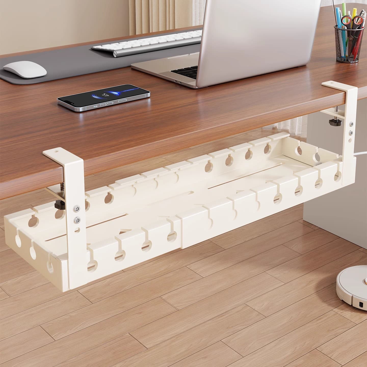 Under-desk cable organizer with no-drill power cord holder, wire management box for cable and power strip storage, desktop routing tool.