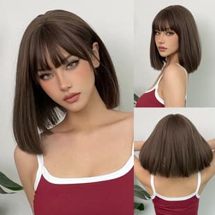 Export Light Brown Bob Wig with Bangs, High-Temperature Synthetic Fiber Full Cap Wig for Women, Factory Stock Wigs