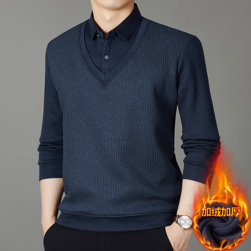 PJ-3075 Fleece-Lined Two-in-One T-Shirt 2024 Winter Thick Knit Men's Knit Turn-Down Collar Loose Sweater