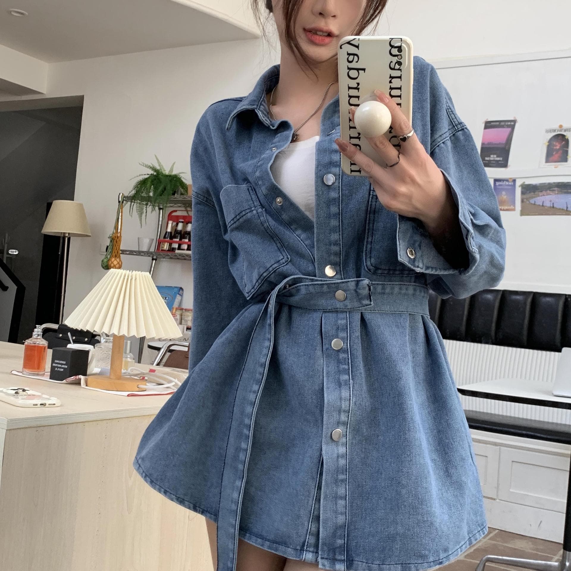 Women's Denim Shirt 2024 Spring/Autumn Mid-Length Streetwear Jacket with Tie Waist, Loose Fit, Designer Style Top