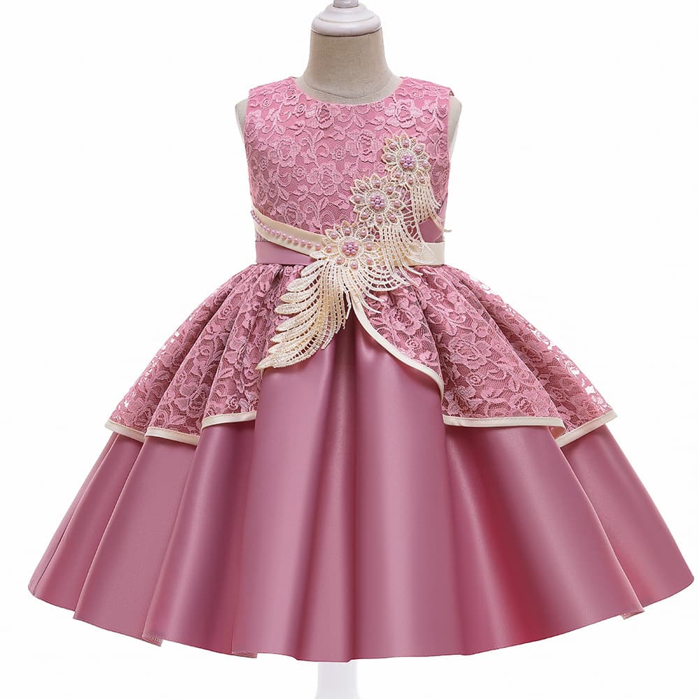 New 2024 Children's Dress Princess Skirt Butterfly Knot Sticker Performance Outfit Girls' Cute Lace Edge Polyester Blend Fabric