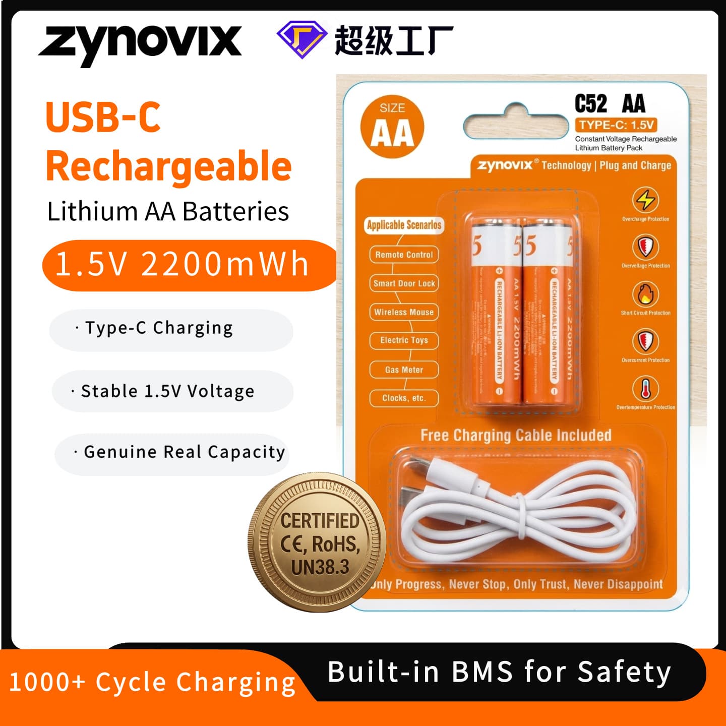 2-Pack AA 1.5V USB-C Rechargeable Battery for Lock Mouse Mic