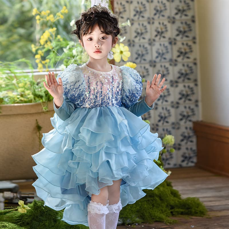2025 New Girls Dress Spring Princess Tutu Skirt Children Fashion Blue Princess Dress