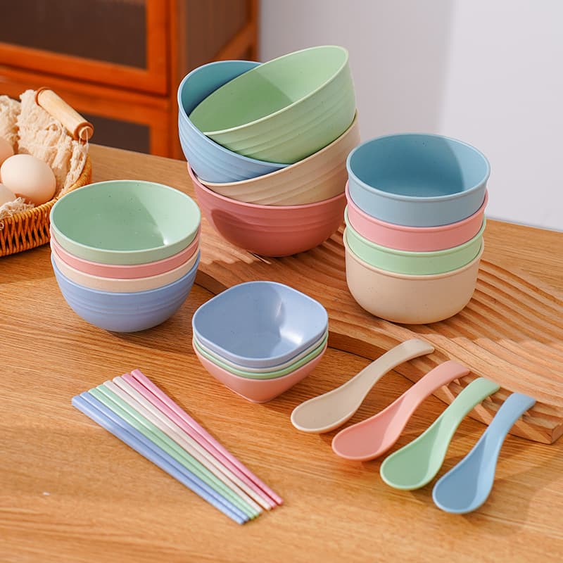Wheat Straw Bowl, Durable and Drop-Resistant, Household Children's Rice Bowl, Non-Slip Plastic Soup Bowl, Instant Noodle Bowl with Spoon Set, Large Size Bowl Tableware