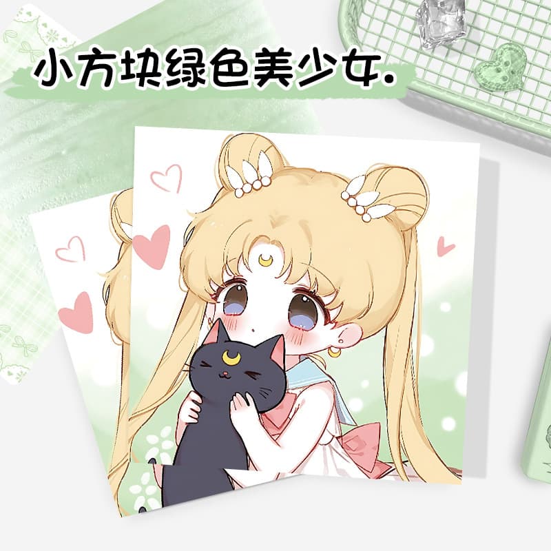 Cartoon green beautiful girl small square brick note pad cartoon animation coloring page flat spread book high-value message hand ledger