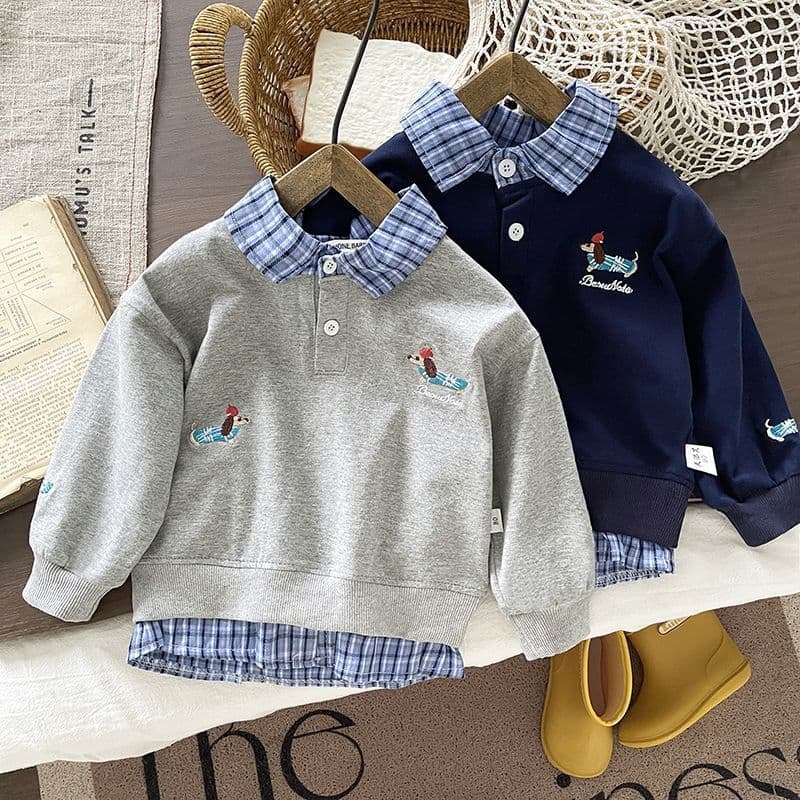 Spring/Autumn Children's Two-Piece Sweatshirt Baby 2025 Spring Wear Korean New Plaid Boys' Patch Handsome Top Unisex