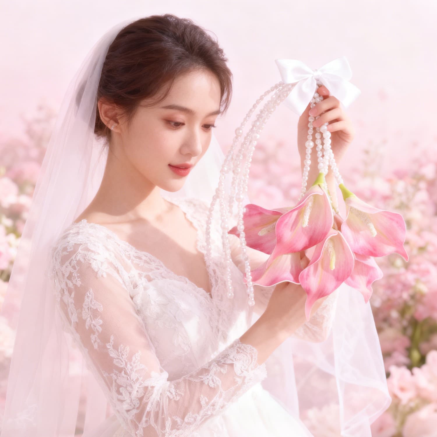 Calla Lily Tulip Pearl Ribbon Bouquet PVC Wedding Photo Prop Cross-border Amazon Artificial Flowers Wholesale