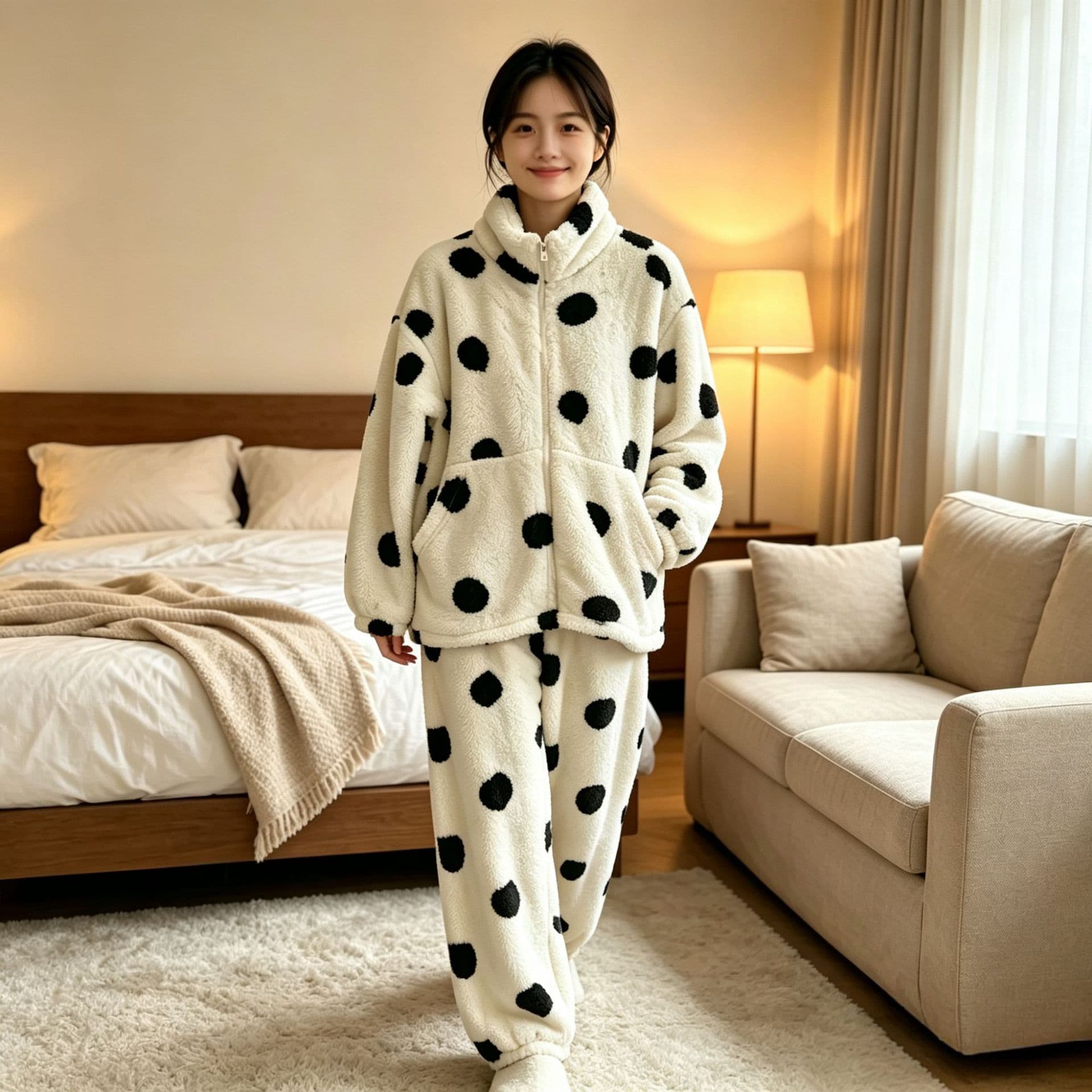 Women's New Fall/Winter Coral Fleece Loungewear Set, Thickened Plush Polka Dot Zip-Up, Wearable Outside Home Suit