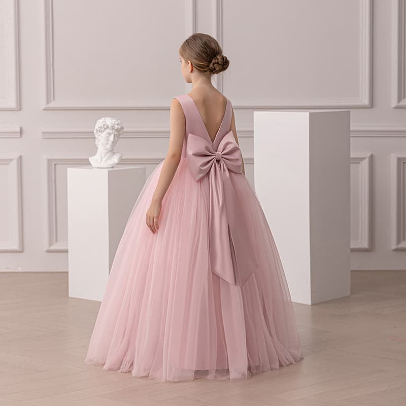 Cross-Border Girls' Dress Bow Long Tutu Skirt Halloween Ball Princess Costume Flower Girl Wedding Banquet Performance