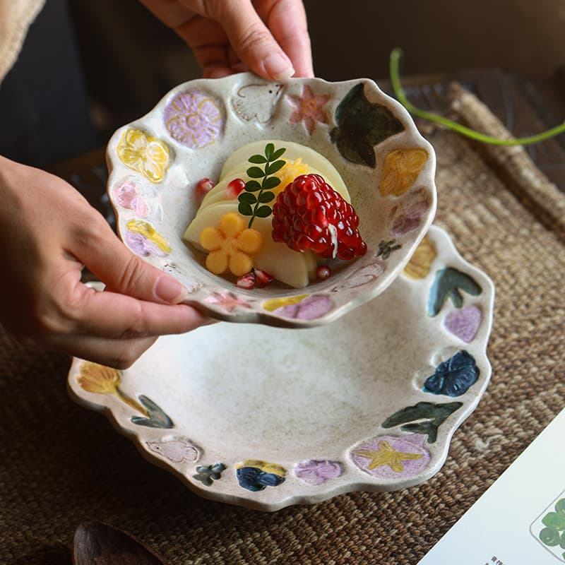 Handmade Flower and Bird Coarse Pottery Under-glaze Retro High-value Dessert Plate Fruit Plate Home-use Salad Bowl Soup Plate Coffee Cup