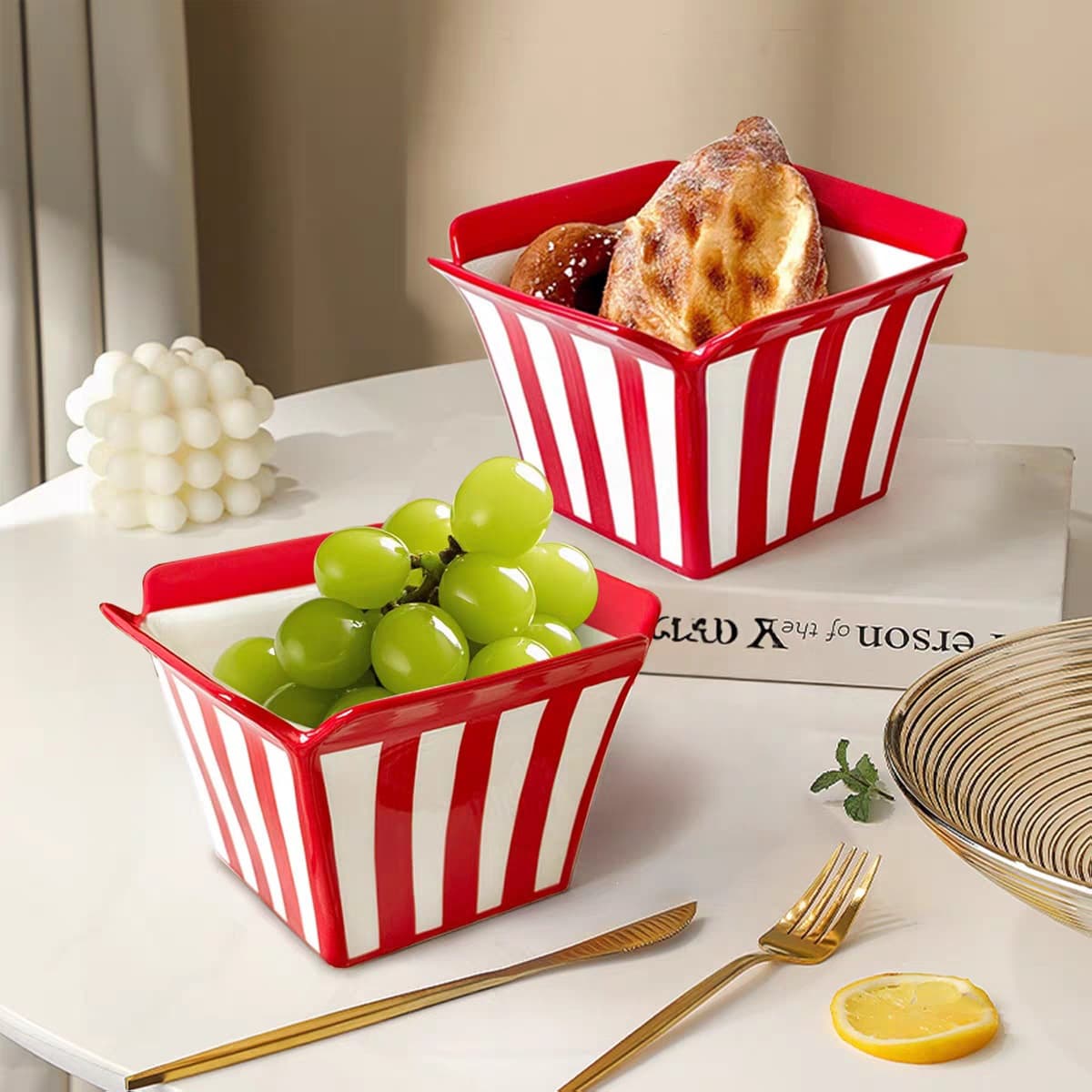 Striped Popcorn Bowl Instant Noodle Bowl Ceramic Fruit Bowl Large Capacity Snack Bowl Fries Salad Bowl Soup Bowl Dessert Bowl
