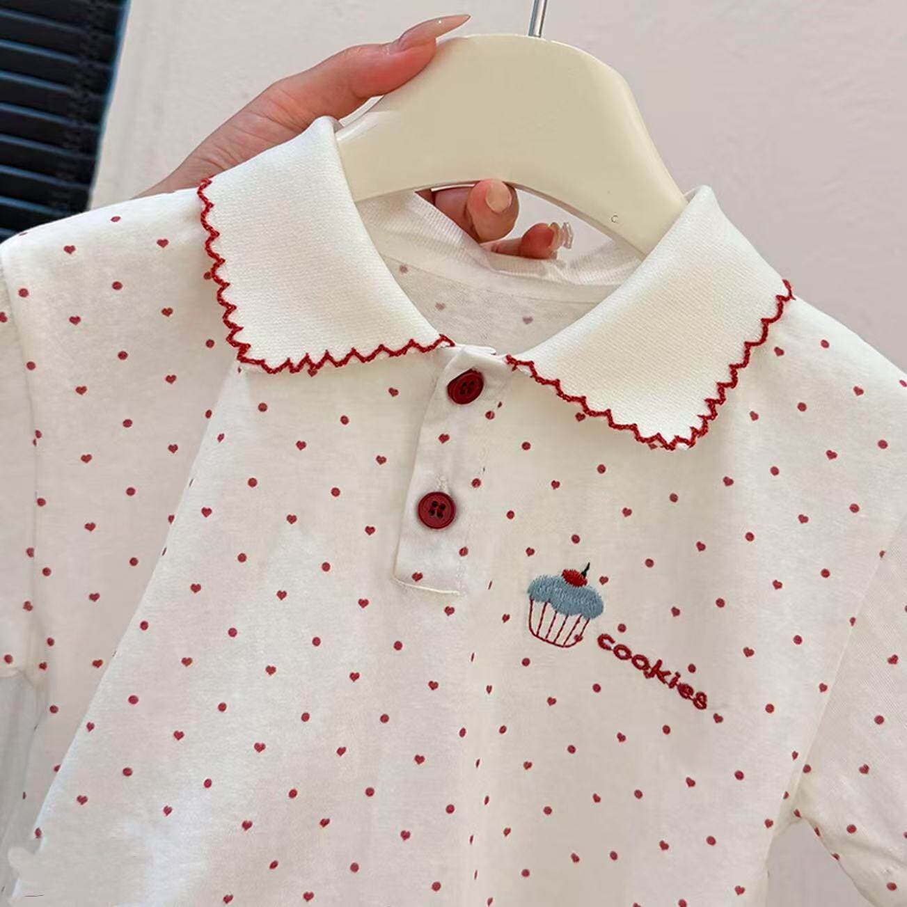 Girls Summer Cute Polka Dot Polo Shirt Ruffle Collar Cake Embroidery Short Sleeve T-Shirt Baby Cotton Breathable Top