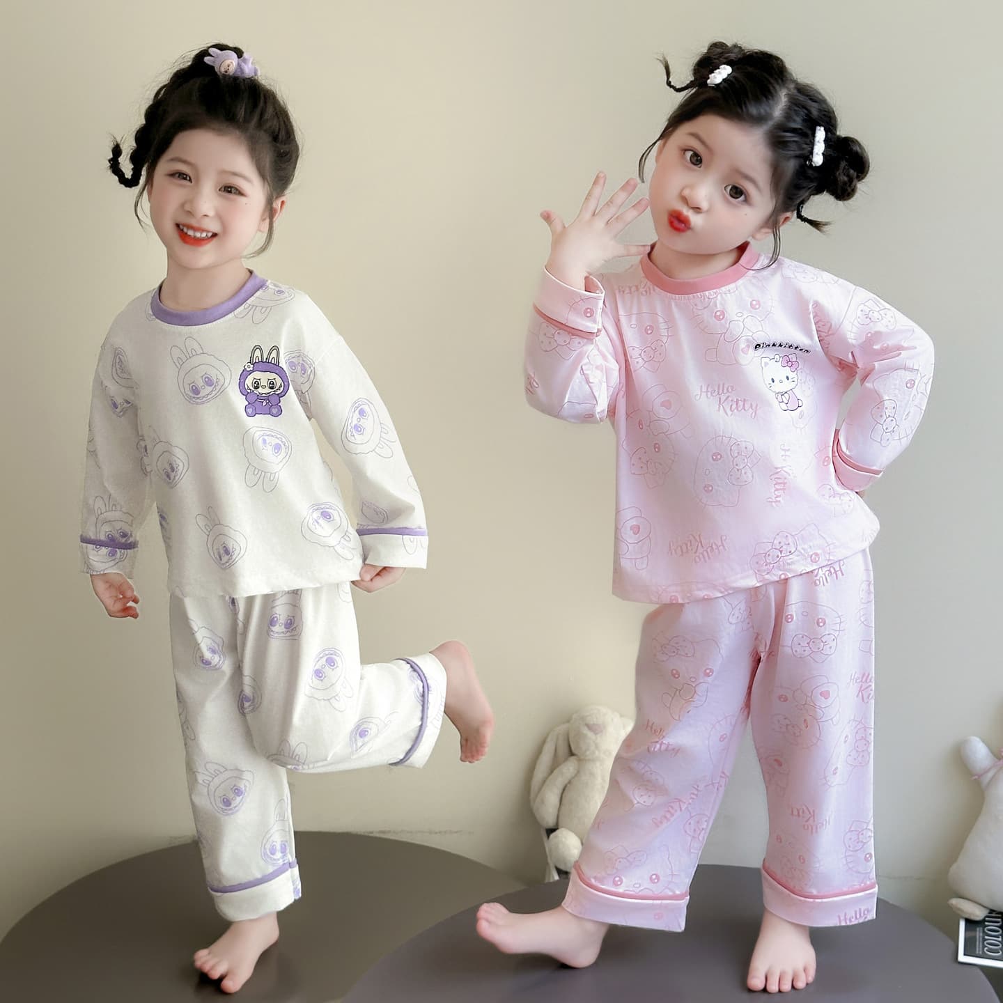 Kids' Pajamas Spring/Fall 2025 New Style Girls' Toddler Homewear Set Cartoon Cat Autumn Baby Air Conditioning Outfit