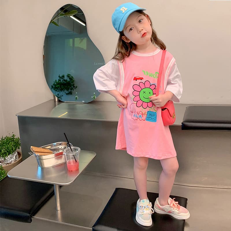 Girls Summer Dress, Fashionable Sporty Kids Faux Two-Piece T-Shirt, Mid-Length Baby Summer T-Shirt Dress, Princess Dress