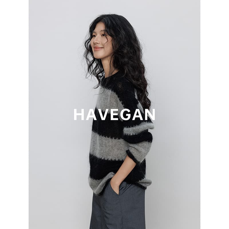 Yujian HAVEGAN / Autumn Round Neck Long-Sleeve Wide Stripe Wool Knit Sweater Women's, Mohair Soft Casual Top