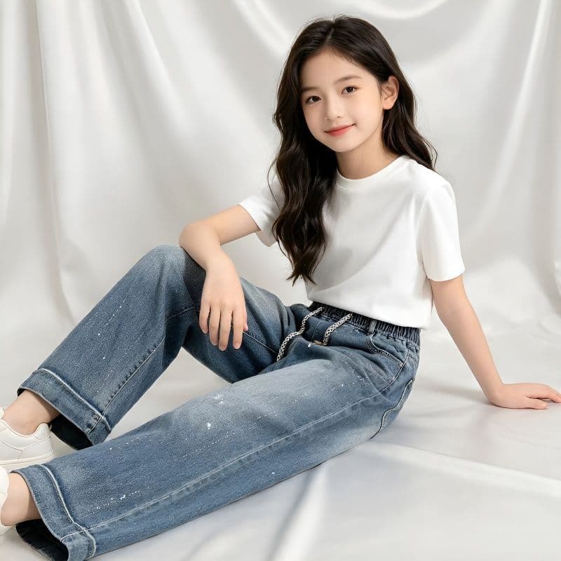 Wholesale Girls Jeans New Spring Summer Autumn Rhinestone Sparkle Elastic Waist Straight Leg Jeans for Big Kids