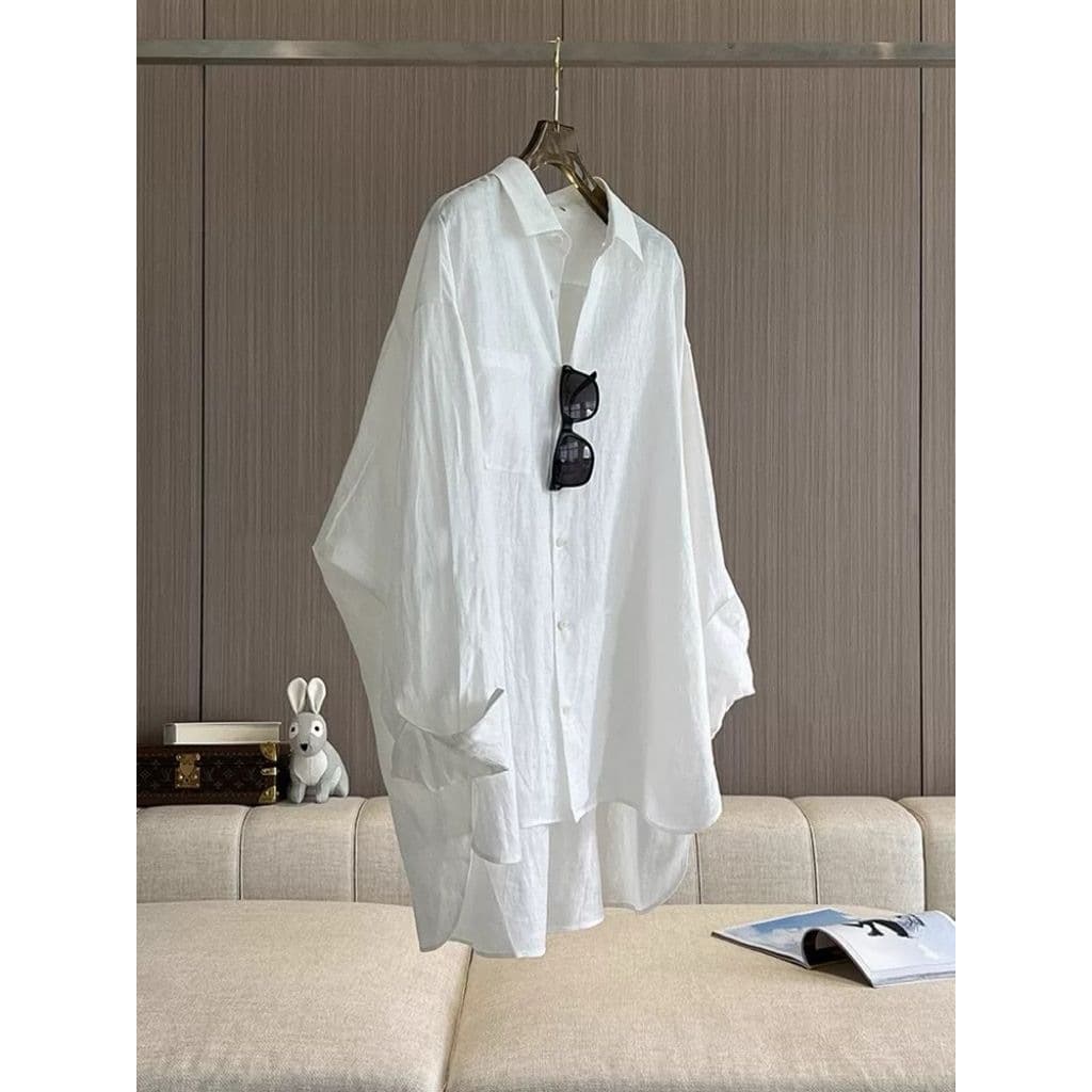 White sun protection linen shirt for women summer loose casual top lazy style thin coat cotton and linen slightly see-through shirt